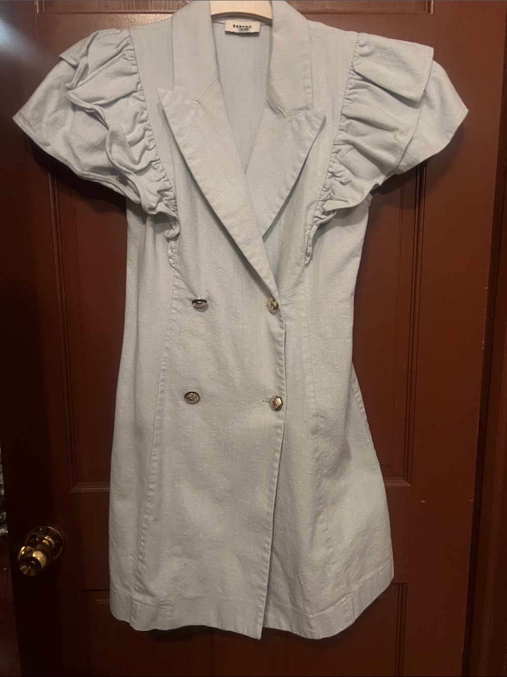 Sandro Pale Blue Double-Breasted Ruffle Sleeve Dress